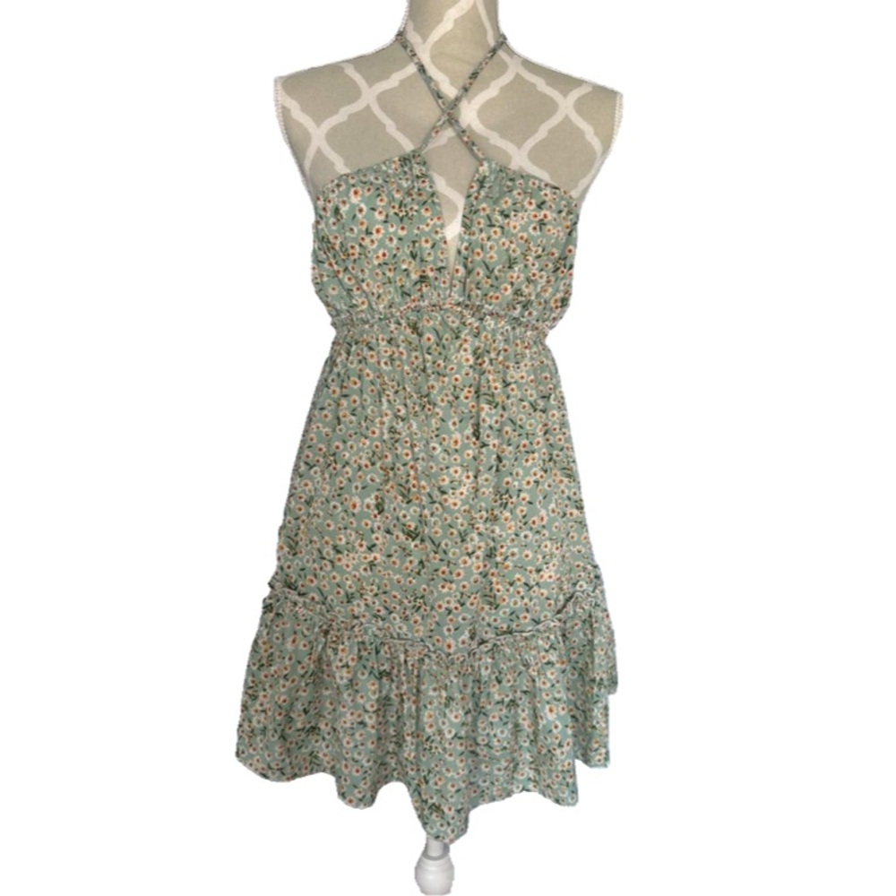 💕 Shein Light Green Floral Print Mini Sundress Adjustable Tie V-Neck Size 4 - Picture 7 of 14